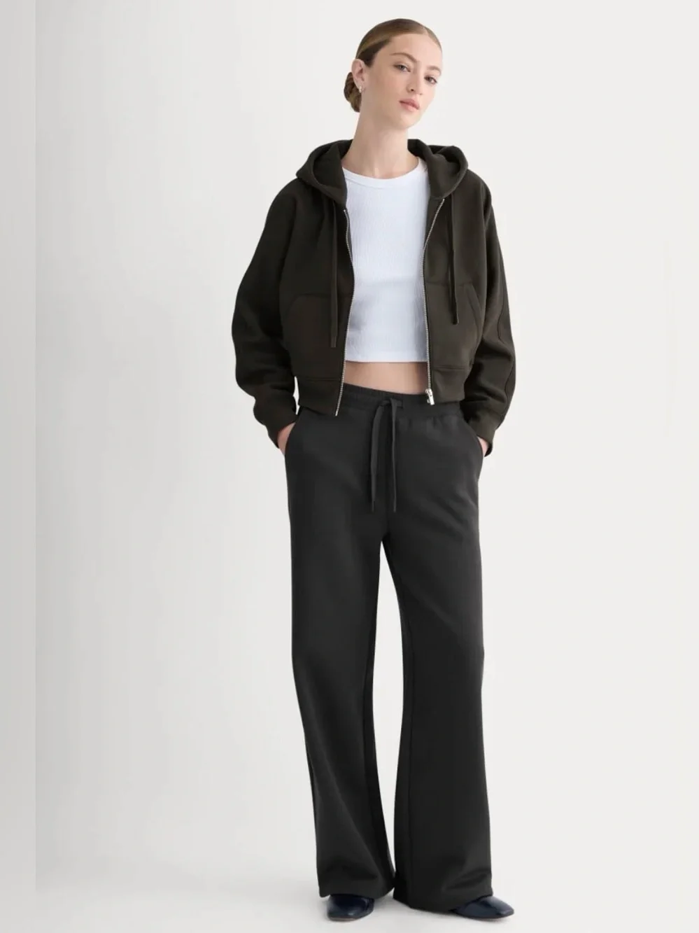 New Everlane LUXE FLEECE FULL-ZIP CROPPED HOODIE Black Size S